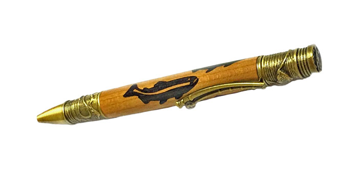 1742  Fly Fishing Twist Pen Black Salmon Inlay. - Handcrafted pen by J&H Novelties