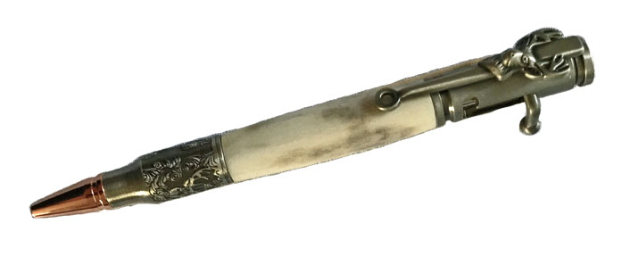 1764  Antique Pewter/Deer Antler,  Deer Hunter Bolt Action Pen - Handcrafted pen by J&H Novelties