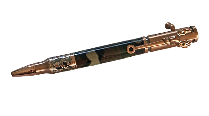 1767  Antique Copper/Woodland Camo Acrylic. Deer Hunter Bolt Action Pen - Handcrafted pen by J&H Novelties