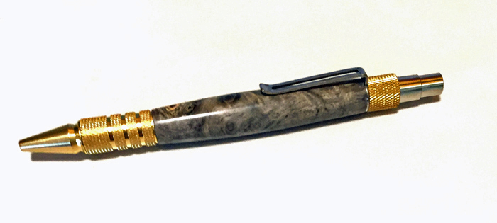 2031  Dura click EDC Pen in Brass, Shown in Buckeye Burl. - Handcrafted pen by J&H Novelties