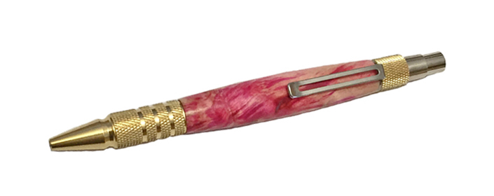 2038  Dura-Click EDC Pen in Brass. Shown in Boxelder dyed pink and Stabilized. - Handcrafted pen by J&H Novelties