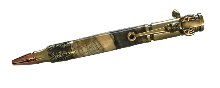 1765Antique Brass/Buckeye BurlDeer Hunter Bolt Action Pen - Handcrafted pen by J&H Novelties
