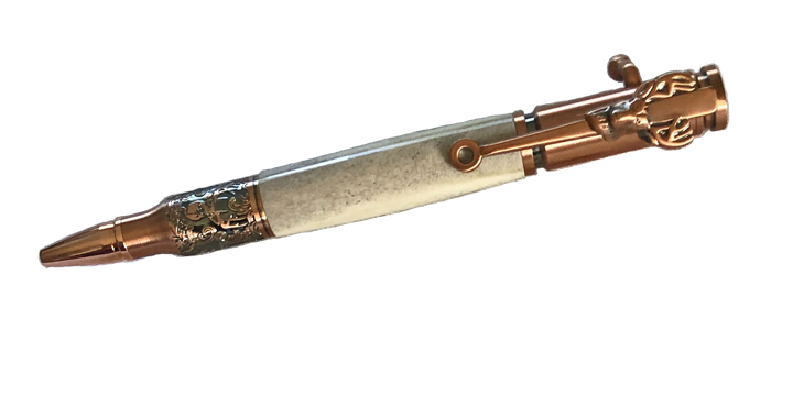 1768Moose Antler/Antique Brass/Woodland CamoDeer Hunter Bolt Action Pen - Handcrafted pen by J&H Novelties
