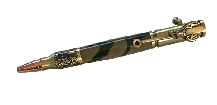 1769Deer Antler/Antique Brass/Woodland CamoDeer Hunter Bolt Action Pen - Handcrafted pen by J&H Novelties