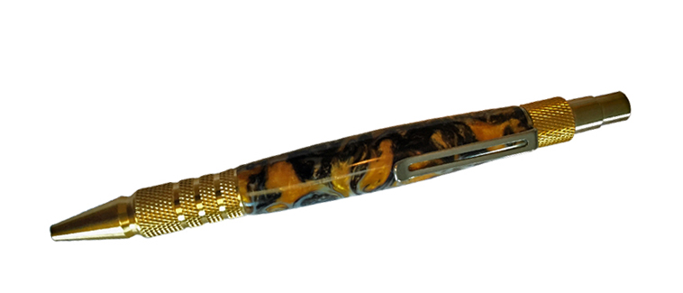 2030Dura click EDC Pen in Brass, Shown in En-lace Acrylester Gold Rush - Handcrafted pen by J&H Novelties